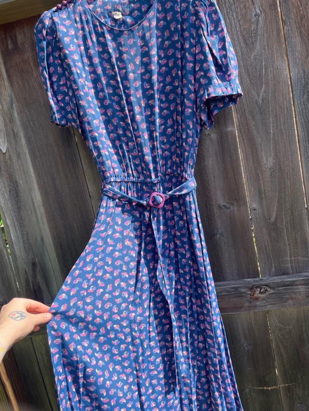 Vintage Blue Floral Belted Midi Dress